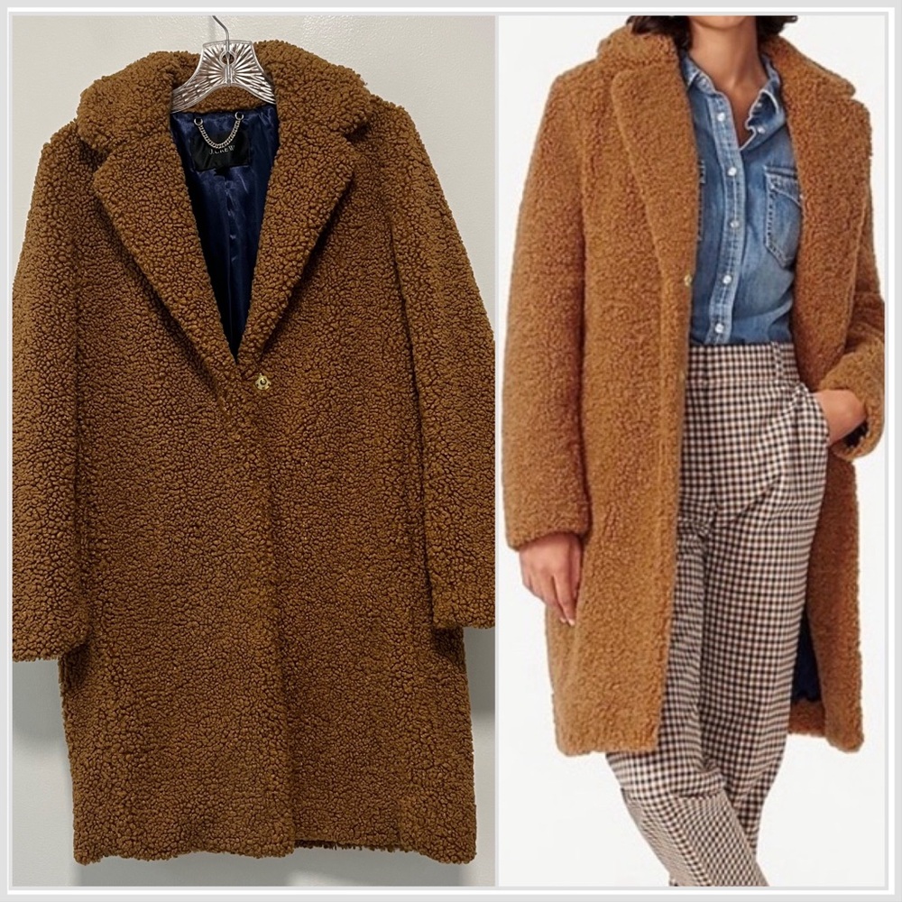 J Crew Teddy Sherpa Topcoat Long Brown Coat Single Breasted XS